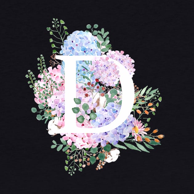 botanical monogram alphabet D hydrangea flowers by colorandcolor